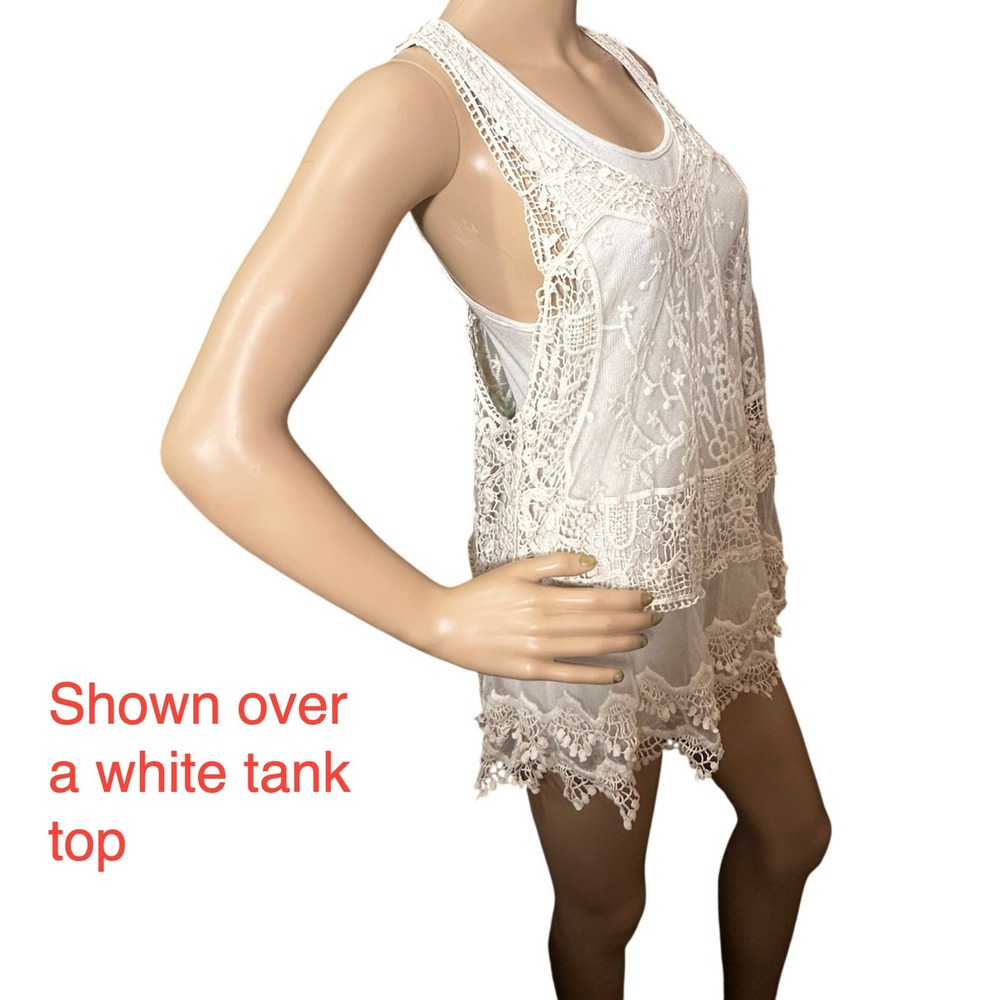 Anthropologie Pins & Needles Tank Small Ivory Lace Sheer Crochet Boho Festival - Picture 7 of 16